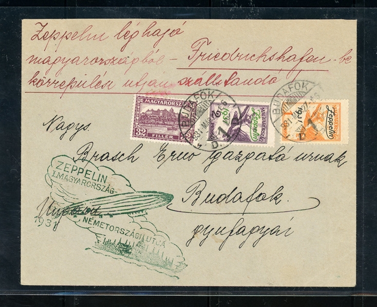 Hungary Scott C24-C25 on Flown Zeppelin Cover, 1931 (Est $150-200)