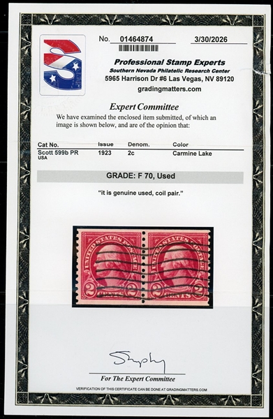 USA Scott 599b Used Pair Fine with 2026 PSE Certificate (Est $300-400)