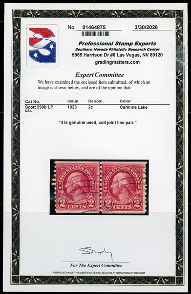 USA Scott 599b Used Joint Line Pair Fine, 2026 PSE Certificate (SCV $700)