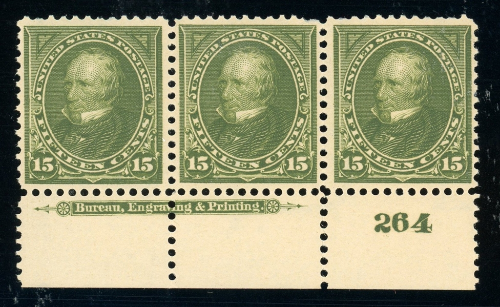 USA Scott 284  MNH Plt# Strip/3 F-VF, 1898 15¢ Clay (SCV $1575)