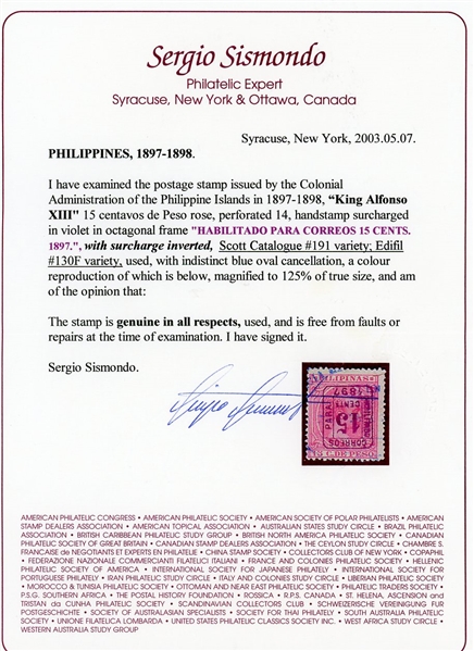 Spanish Philippines Scott 191 variety (Edifil 130F variety), Sismondo Cert (Est $100-150)