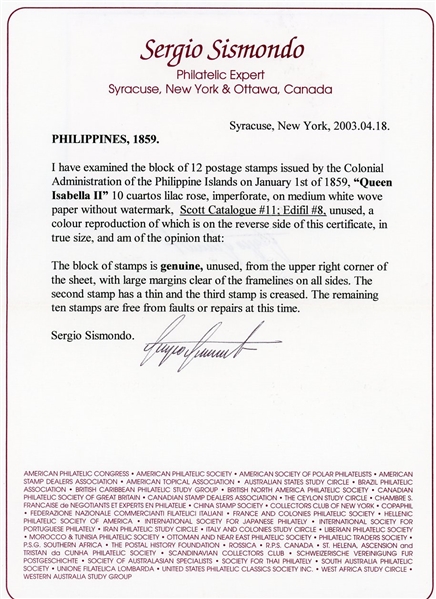 Spanish Philippines Scott 11 variety (Edifil #8), Block of 12 Unused with 2003 Sismnondo Cert (Est $200-300)