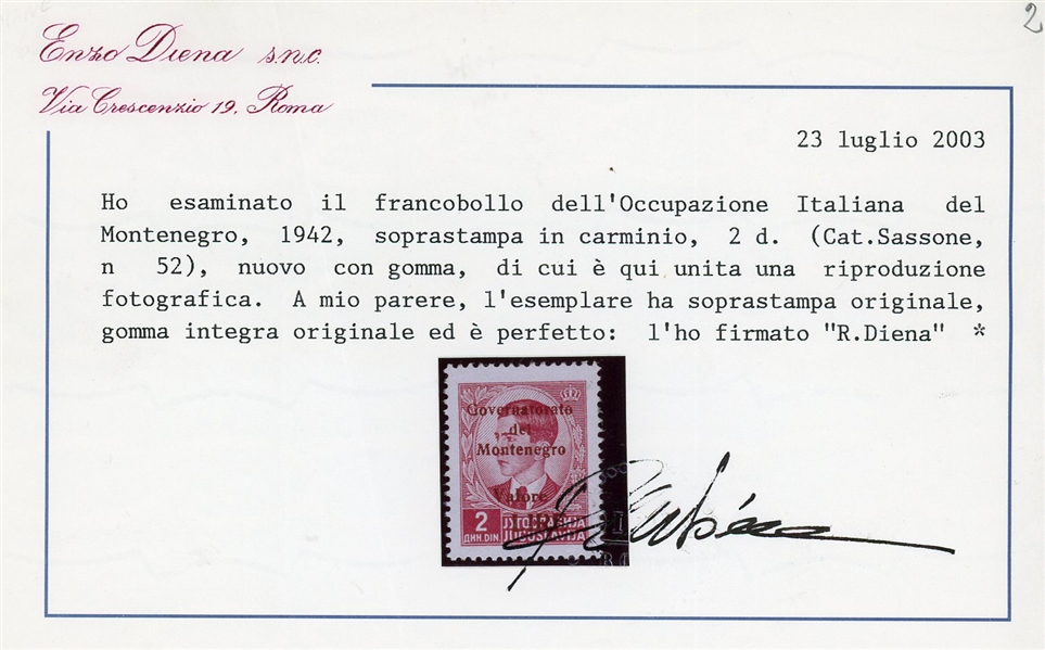 Montenegro-Italian Occupation Sassone 52, MVLH VF, 2003 Diena Cert (Est $750-1000)
