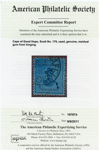 Cape of Good Hope Scott 179 Used F-VF, 2011 APS Cert (SCV $500)