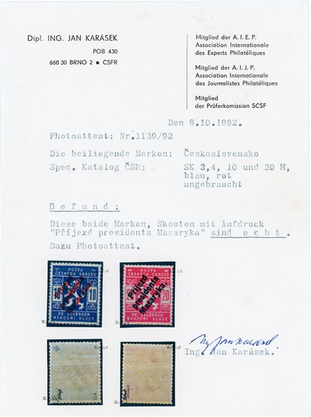 Czechoslovakia Scout Local Issues OL1-OL2 with Arrival of President Masaryk Overprints (SCV $4900)
