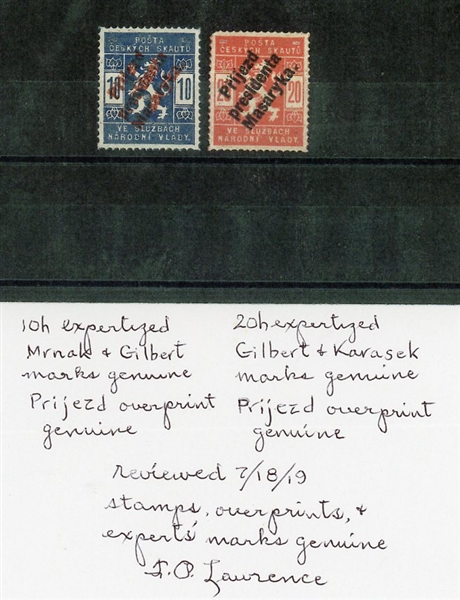Czechoslovakia Scout Local Issues OL1-OL2 with Arrival of President Masaryk Overprints (SCV $4900)