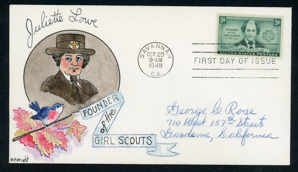 USA Scott 974 First Day Cover, William N. Wright Hand-Painted -1948 Juliette Gordon Low Girl Scouts (Est $150 -250)