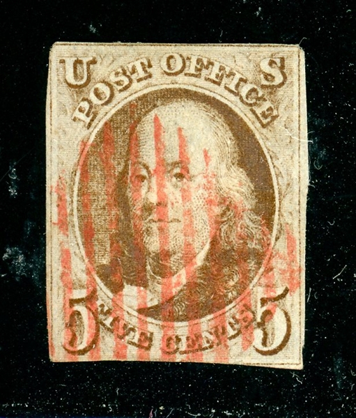 USA Scott 1 Used, Red Grid Cancel, 2+ margins (SCV $425)