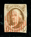 USA Scott 1 Used, Red Grid Cancel, 2+ margins (SCV $425)