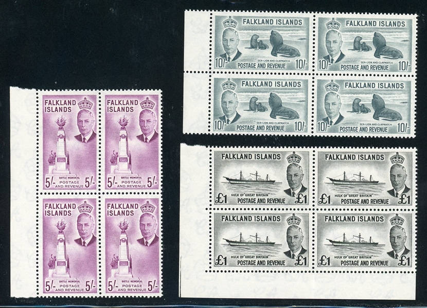 Falkland Islands Scott 118-120 MNH Blocks/4 - 1952 High Values (SCV $390)
