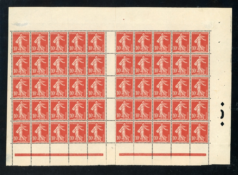 France 10¢ Sower on Ground Issue - Two Panes of 25 (Sheet of 50 with Gutter) Emergency Printing (Maury €225)