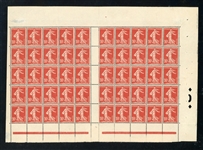 France 10¢ Sower on Ground Issue - Two Panes of 25 (Sheet of 50 with Gutter) Emergency Printing (Maury €225)