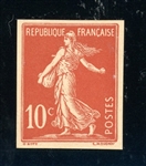 France 10¢ Sower on Ground Issue - Imperforate Single on Card Proof (Maury €350)