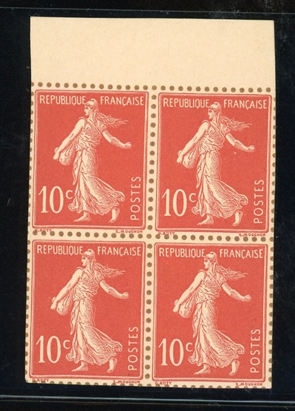 France 10¢ Sower Issue - Imperforate Block/4 on Card Proof with Printed Perfs (Maury €1400)
