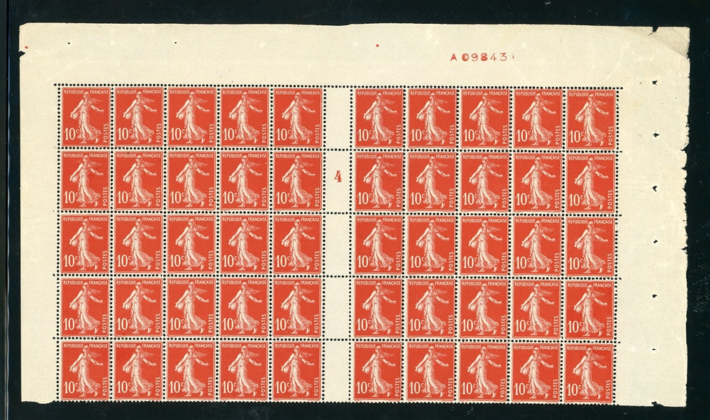 France 10¢ Sower Issue - Double Pane of 25 with Experimental Plate Number (Est $100-150)
