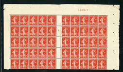France 10¢ Sower Issue - Double Pane of 25 with Experimental Plate Number (Est $100-150)