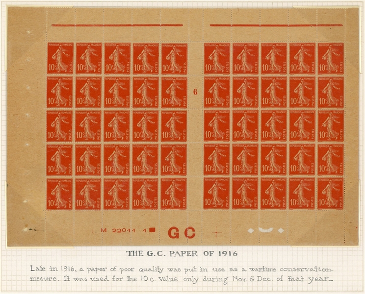 France 10¢ Sower Issue - Bottom Double Pane of 25 with GC in Lower Selvage (Est $800-1000)
