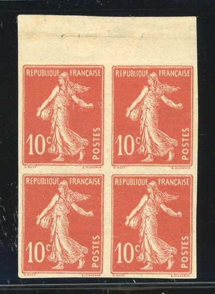 France 10¢ Sower Issue - Imperf Block of 4 on Thin Experimental Paper (Est $1200-1800)