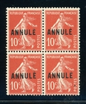 France 10¢ Sower Issue - Block of 4 with "ANNULE" Specimen Overprint (Maury €220)