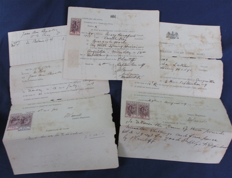 Leeward Islands Revenue Stamped Documents, 1906//1923 (Est $300-400)