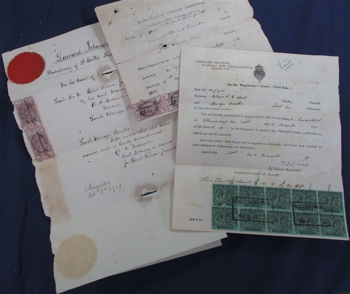 Leeward Islands & St Kitts-Nevis Revenue Stamped Documents (Est $250-300)