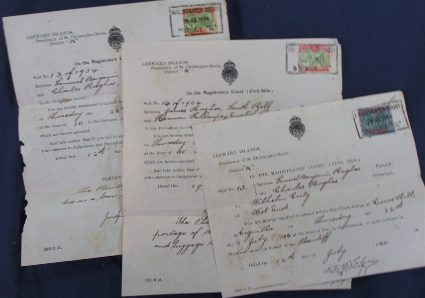 Leeward Islands & St Kitts-Nevis Revenue Stamped Documents (Est $250-300)