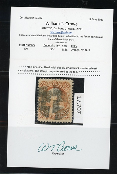 USA Scott 100 Used Fine,  30c F-Grill Reperforated with 2021 Crowe Certificate (SCV $1,000)