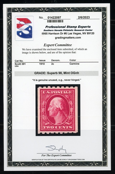 USA Scott 391 MNH Superb 98, 1910 2¢ Horiz Coil (SMQ $1250)