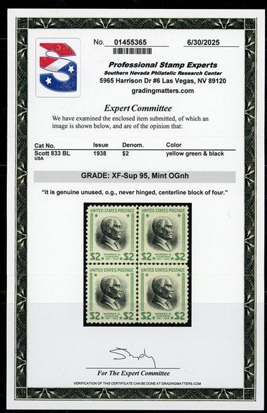 USA Scott 833 MNH XF-Sup95 Centerline Block - $2 Prexie,  PSE Certificate (SMQ $380)