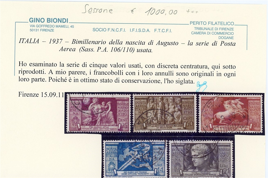 Italy Scott C95-C99 Used Complete Set - 1937 Augustus Caesar, Certificate (SCV $565)