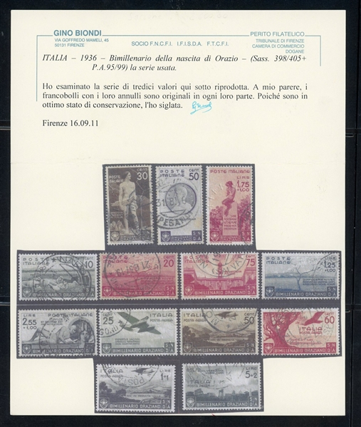 Italy Scott 359-366, C84-C88 Used Complete Set - 1936 Horace, Certificate (SCV $1153)