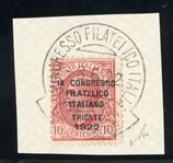 Italy Scott 142A Used - 1922 10¢ Philatelic Congress, Certificate (SCV $425)