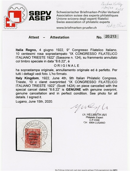 Italy Scott 142A Used - 1922 10¢ Philatelic Congress, Certificate (SCV $425)