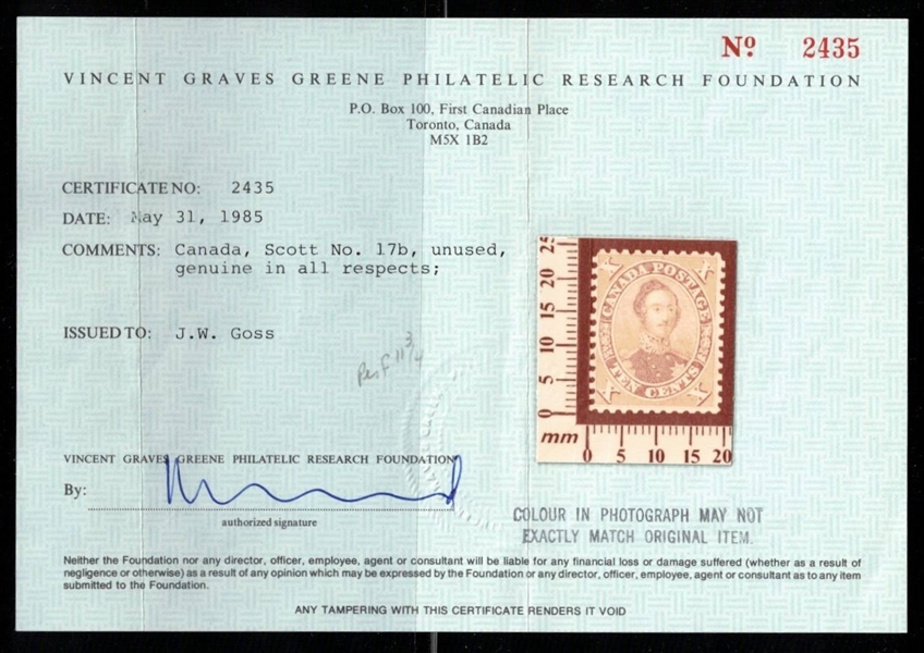 Canada Scott 17b Unused No Gum, Fine, 1859 10¢ Brown, 2 Certs (SCV $2000)