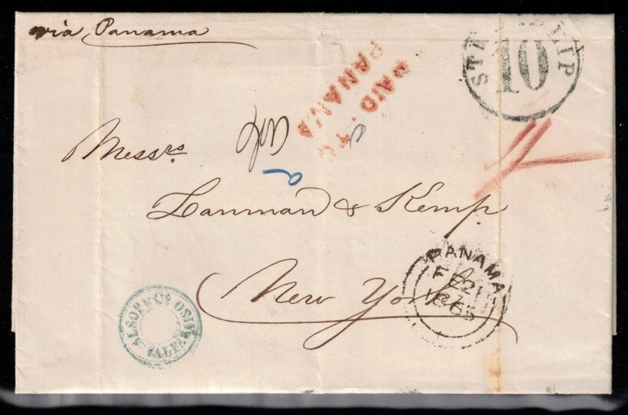Valparaiso Chile Stampless Cover to New York, 1865 (Est $50-80)